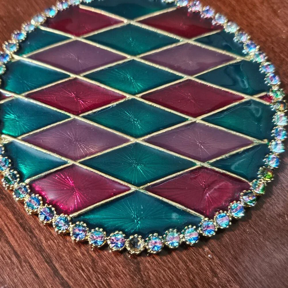 RARE JAY STRONGWATER PLAID ARGYLE HARLEQUIN CRYSTAL ENAMEL BAR DRINK COASTER